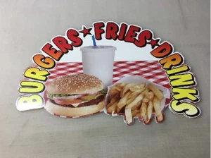 ZWEI GLEICHGRÖSSE BURGER POMMES UND GETRÄNKE SORTIERT GESTANZTE WELLPLASTIKSCHILDER - Bild 1 von 8