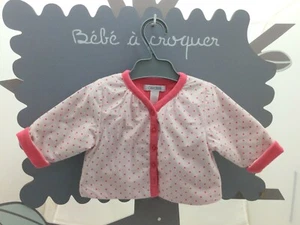 Obaibi veste blanc pois rose doublée rose foncé manche longue bébé 1 mois - Foto 1 di 2