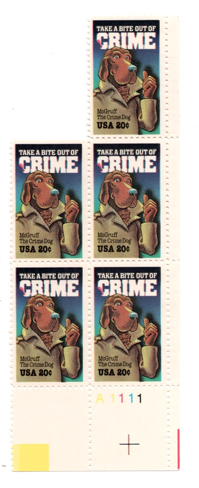 5 1984 20c McGruff the Crime Dog, Crime Prevention. Plate Block + 1 Scott #2102 - Image 1 of 1