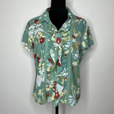 Emma James Button Down Sheer Blouse Sz 16 Green Floral Cap Sleeves Ruffled Neck - Image 1 of 4