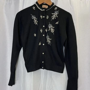 Vintage Hi- Bulk Orlon 1950’s Black Embroidered Sweater Medium Flawed - Picture 1 of 6