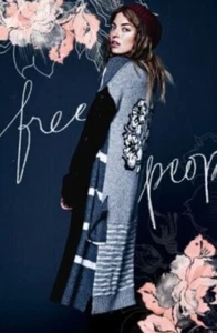 RARE Free People Black Gray & White Striped & Floral Knit Long Cardigan Sweater - Picture 1 of 11