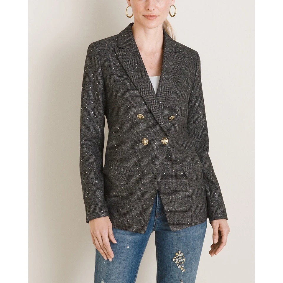 Chaqueta Blazer Abrigo Lentejuelas Chico's Doble Pecho Tweed Brillo Talla 8-10 Mediana Foto 1 de 4