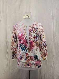 Cable & Gauge Cárdigan Blanco con Estampado Floral Abstracto Rosa, Amarillo y Azul - Imagen 1 de 7