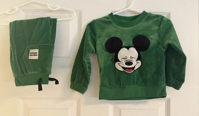 Disney Mickey Mouse Green Velour 2-Piece Set Size 12M Toddler Sweater & Pants - Image 1 of 4