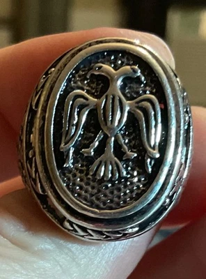 Anillo de sello de águila de doble cabeza tamaño 7 1/4, plata de ley, banda grabada Foto 1 de 4