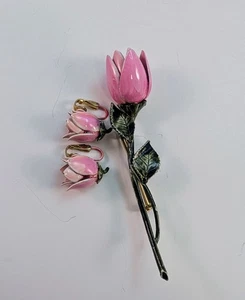 Juego de pendientes de clip a juego broche tulipán esmalte rosa y verde vintage - Imagen 1 de 4