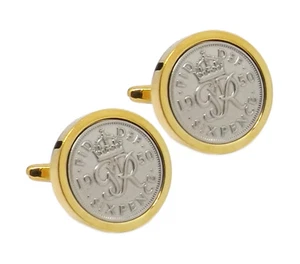 1950 Sixpence Coins a Gold Plate Setting 69 Years mens Gift by CUFFLINKS DIRECT - Picture 1 of 9