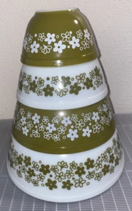 Ex. Cond. Pyrex Crazy Daisy Spring Blossom GREEN 4 pc. Nesting Bowl Set VIDEO - Picture 1 of 17