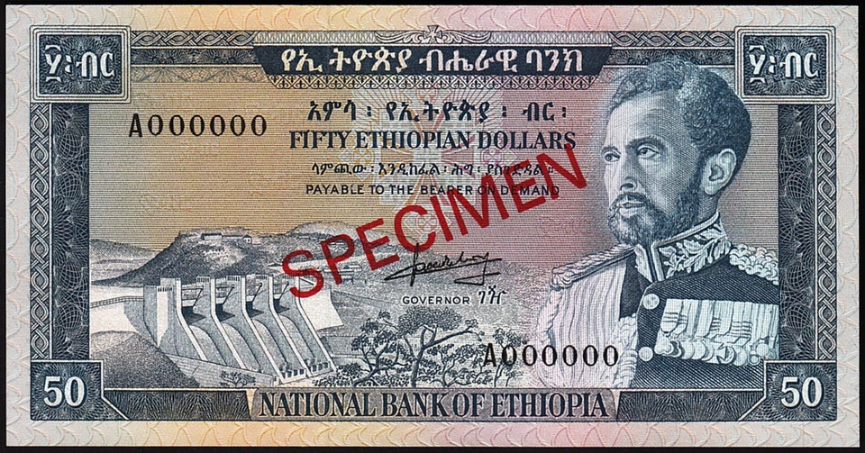 Ethiopia 50 Dollars 1961, UNC-, SPECIMEN, A 000000, P-28s, RARE!! - Image 1 of 4