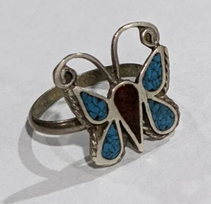 Vintage Zunj Sterling Silver 925 Crushed Turquoise Coral Inlay Butterfly Ring - Picture 1 of 7