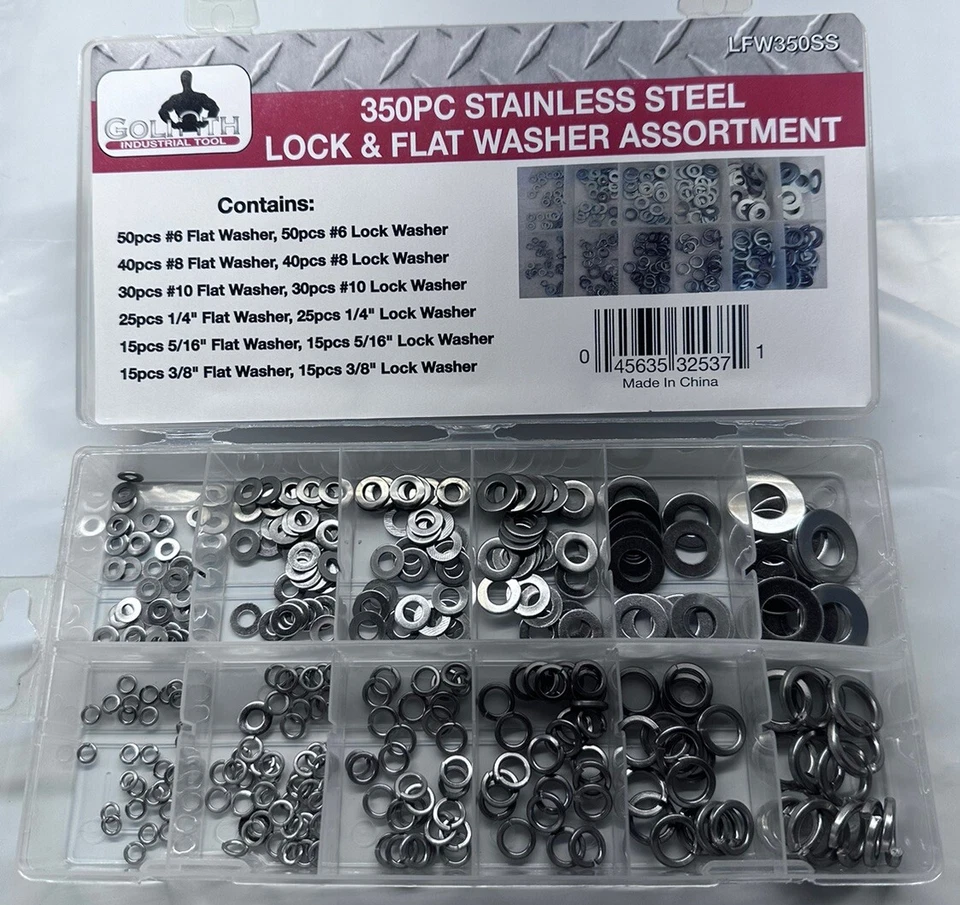 350pc G Industrial Tool Stainless Steel Lock & Flat Washer Kit Nut Bolt LFW350SS