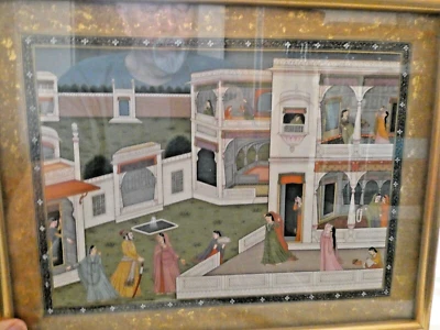 Fina pintura en miniatura india vintage del rey mogol y el harén - siglo XX Foto 1 de 4