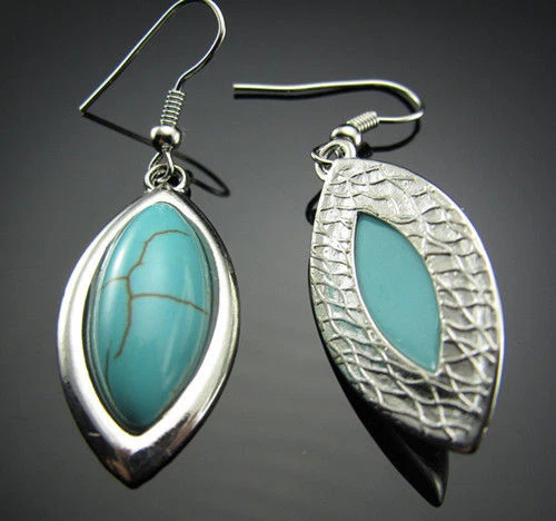 Nuevos Pendientes Colgantes 18KGP Plata Tibetana Envuelta Turquesa Marqués Dije Foto 1 de 1