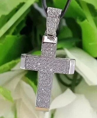 Mens 2ct Real Diamond Christmas Day Gift Cross Pendant White Gold Plated 925 SS - Image 1 of 4