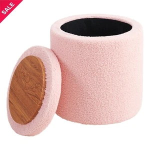 Round Storage Ottoman Foot Rest Velvet Footstool for Makeup with Removable Lid - Picture 1 of 5