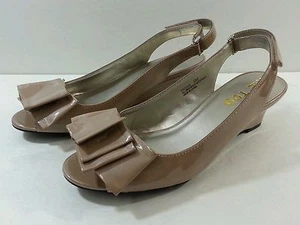 Me Too Shiny Beige Open Toe Slingback Wedge Heels - Size 6M - Picture 1 of 7