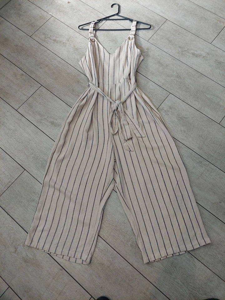 CITY CHIC XS 14 Plus beige brown striped linen blend Wide Leg Cropped jumpsuit - image 1 of 4