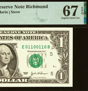 2003 $1 FRN PMG 67EPQ Gem binary-radar-repeater-rotator serial number 01100110 - Picture 1 of 3