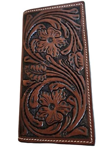 Country Western Ranger Walnut Brown Leather Bi-fold Rodeo Wallet Floral Tooled - Picture 1 of 5
