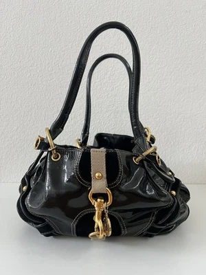 Vtg Y2K Juicy Couture Large Black Leather Brass Chains Chunky Hobo Purse Handbag - Image 1 of 4
