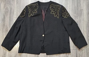 Vintage 90s Y2k Floral Embroidered Studded Suit Jacket Black Gold Damen Gr. 22 - Bild 1 von 7