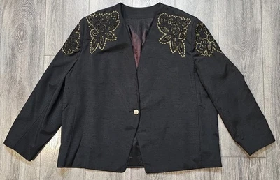 Vintage 90s Y2k Floral Embroidered Studded Suit Jacket Black Gold Women's Sz 22 - Image 1 of 4