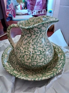 Vintage Robinson Ransbottom Pitcher Basin Blue Spongeware Wash Bowl RRP USA 3QT - Picture 1 of 6