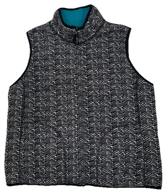 Chaleco reversible negro blanco estampado/verde azulado polar cremallera completa para mujer talla XL bolsillos Foto 1 de 4