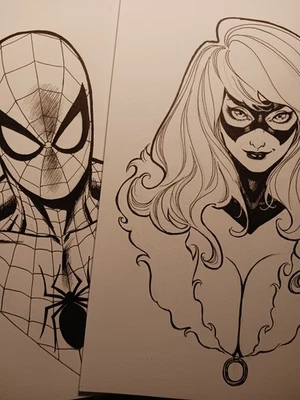 ¡¡GATO NEGRO Y HOMBRE ARAÑA!! ¡ARTE ORIGINAL DE SUPERHÉROE! BOCETO! ¡JUEGO DE 2 9X12 PULGADAS!! Foto 1 de 4