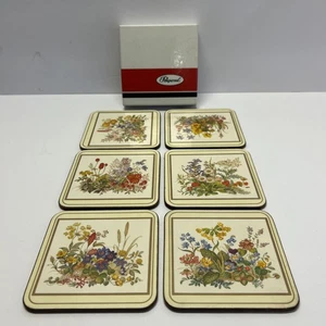 VTG 80’s Coasters Pimpernel Made in England Set of 6 Floral Cork Back  W / Box - Afbeelding 1 van 9