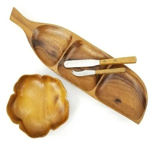 Vtg Tiki Sorensen Bowl Hawaii Monkey Pod Acacia Wood + Unsigned Banana Leaf Tray - Picture 1 of 10