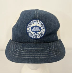 VTG 1985 UNION CARBIDE Polysilicon Plant 2 Denim Snapback Trucker Hat Cap Mesh - Picture 1 of 6