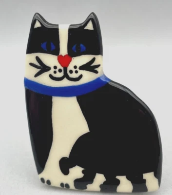 Cat Pin Studio Art Ceramic Black White Abstract Paws Striped Tail Brooch 2.5" - Image 1 of 4