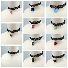 BLACK TATTOO STRETCH CHOCKER NECKLACE WITH HEART CUBE RECTANGLE SHAPED PEBDANT