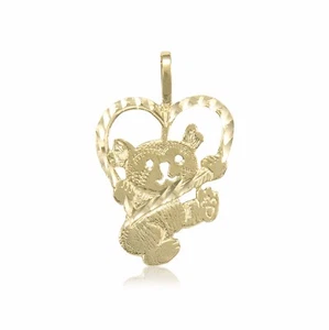 14K Solid Yellow Gold Heart Teddy Bear Pendant - Dia Cut Necklace Charm Women - Picture 1 of 3