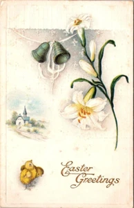 Postcard Easter Greetings Church Lily Chicks Bells Embossed - Picture 1 of 2