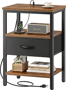 Nightstand with Charging Station, Bed Side Table with Adjustable Fabric Drawer, - Picture 1 of 9