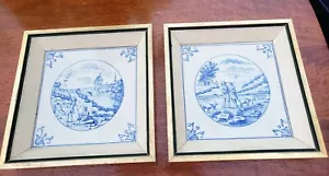 VTG/ANTQ. FRAMED RICHARD GINORI ITALY~BLUE AND WHITE  TRANSFERWARE TILE ART PAIR - Picture 1 of 12