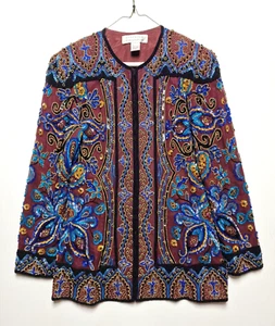 VTG NITELINE By Della Roufogali Jacket Women's S Silk Paisley Embellished Beaded - Picture 1 of 16