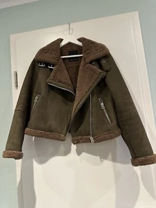 Biker Jacke Damen Gr. 36 Wildleder mit Teddyfell Khaki/Braun Zara - Bild 1 von 4