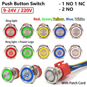 Interruptor de botón de acero 22 mm 9V-24V/220V iluminado LED impermeable encendido/apagado IP52 - Imagen 1 de 15
