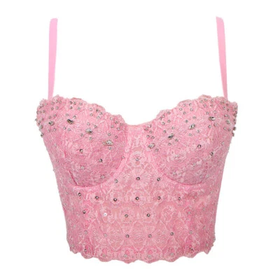 Beaded Corset Camisole Tank Top Bra Dance Clubwear Sexy Lace Crop Bustier - Image 1 of 4