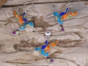 Hummingbird Sterling Silver Multi Gemstone & Opal 3 Pcs Set Pendant Earrings U25 - Picture 1 of 8