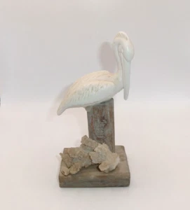White Ceramic Pelican Figurine on Wood Post & Base with Coral 6.5 in Tall - Picture 1 of 8