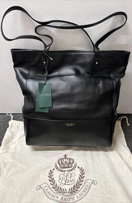 NEW RALPH LAUREN Black CowHide Leather Tote Shoulder Shopper Satchel Grab Bag - Image 1 of 4