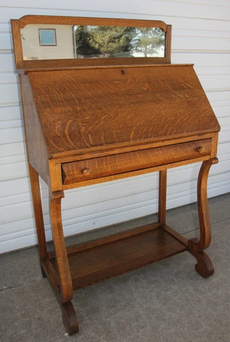 Antique 1925 Quarter Sawn Oak Drop Front Desk w Mirror, Empire Scrolls & Key Cover