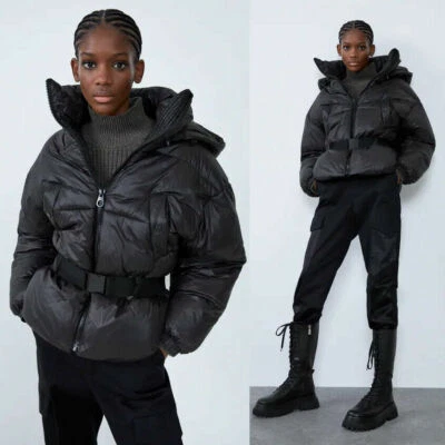 NEW ZARA BLACK SORONA ® DUPONT™ BELTED PUFFER JACKET REMOVABLE HOOD SZ L - Image 1 of 4