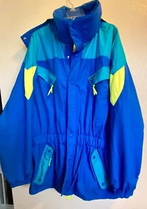 Mens XL Ski Snowboarding Jacket Drawstring Waist Zip off Hood Blue Yellow - Picture 1 of 6