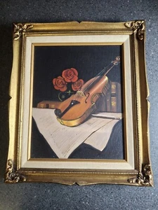 William Bisley oil painting on canvas Violin with Roses Vintage - Picture 1 of 2